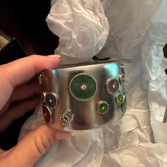 CHANEL Authentic Silver tone Cuff Bracelet with Multicolor Accents - Picture 1 of 14
